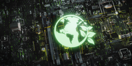 A glowing green 3D Earth and leaf icon symbolizing sustainability on a dark, futuristic digital...