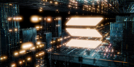 A glowing 3D render of a cryptocurrency icon symbolizes fintech innovation and blockchain technology...