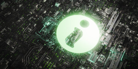 A glowing green 3D information icon symbolizes data and digital transformation, set against a...