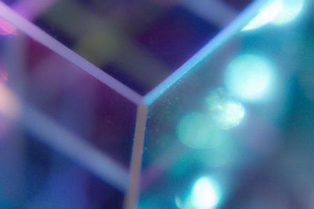 Deep blue, purple, teal gradient with luminous bokeh and sharp geometric foreground. Soft focus blur creates depth, ample copy space. Ethereal, modern, softly illuminated texture.の写真素材