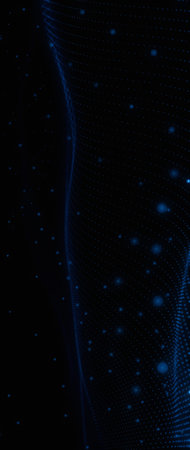 Abstract digital background: Dense blue dot grid forms a wave, with luminous blue orbs. Futuristic, technological, data visualization, ethereal. Loopable.の写真素材