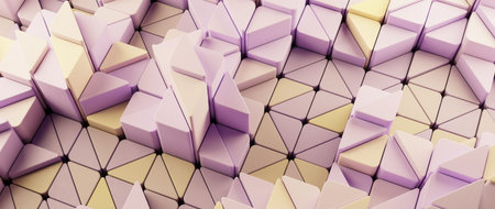 Three dimensional abstract low poly background featuring pastel pink purple and yellow triangular facets and connecting mesh lines for contemporary digital art and design conceptsの写真素材