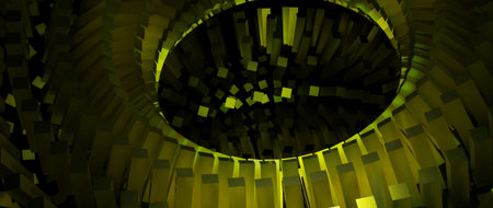 Surreal dark green yellow fractal pattern resembling a glowing vortex tunnel with concentric...
