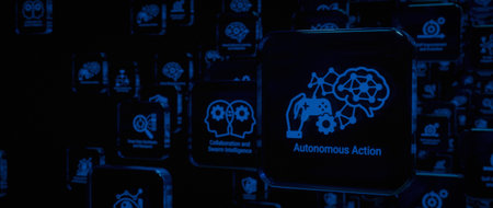 Agentic AI interface displays autonomous action brain network and automation gears within intelligent digital systems representing advanced technology innovation and smart decision making