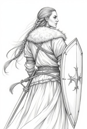 Portrait of powerful warrior viking woman, norse mythology coloring book for adults black and white grayscale coloring page for men and women teens, scandinavian Medieval Period 29の素材