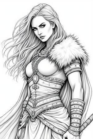 Portrait of powerful warrior viking woman, norse mythology coloring book for adults black and white grayscale coloring page for men and women teens, scandinavian Medieval Period 25の素材