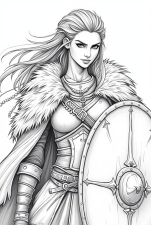 Portrait of powerful warrior viking woman, norse mythology coloring book for adults black and white grayscale coloring page for men and women teens, scandinavian Medieval Period 24の素材