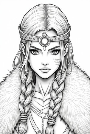 Portrait of powerful warrior viking woman, norse mythology coloring book for adults black and white grayscale coloring page for men and women teens, scandinavian Medieval Period 6の素材