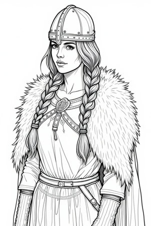 Portrait of powerful warrior viking woman, norse mythology coloring book for adults black and white grayscale coloring page for men and women teens, scandinavian Medieval Period 37の素材