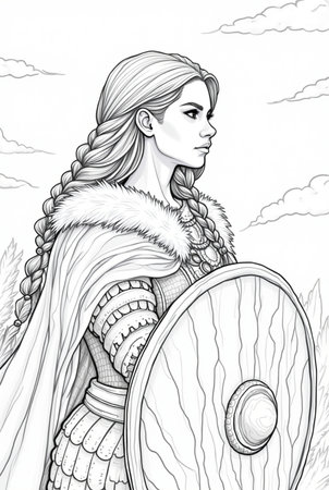 Portrait of powerful warrior viking woman, norse mythology coloring book for adults black and white grayscale coloring page for men and women teens, scandinavian Medieval Period 5の素材