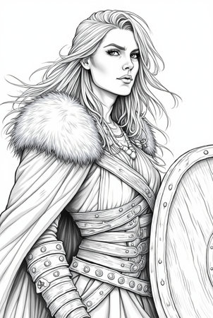 Portrait of powerful warrior viking woman, norse mythology coloring book for adults black and white grayscale coloring page for men and women teens, scandinavian Medieval Period 20の素材