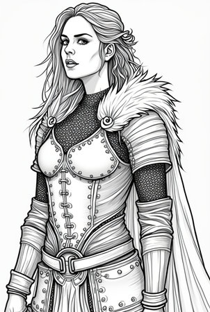 Portrait of powerful warrior viking woman, norse mythology coloring book for adults black and white grayscale coloring page for men and women teens, scandinavian Medieval Period 19の素材