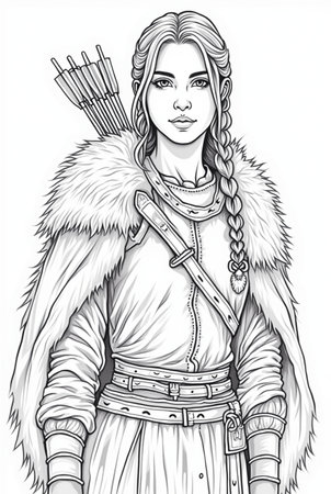 Portrait of powerful warrior viking woman, norse mythology coloring book for adults black and white grayscale coloring page for men and women teens, scandinavian Medieval Period 16の素材