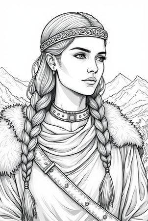 Portrait of powerful warrior viking woman, norse mythology coloring book for adults black and white grayscale coloring page for men and women teens, scandinavian Medieval Period 36の素材
