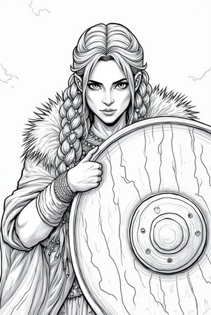Portrait of powerful warrior viking woman, norse mythology coloring book for adults black and white grayscale coloring page for men and women teens, scandinavian Medieval Period 14の素材