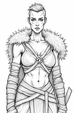 Portrait of powerful warrior viking woman, norse mythology coloring book for adults black and white grayscale coloring page for men and women teens, scandinavian Medieval Period 13の素材