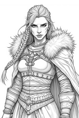Portrait of powerful warrior viking woman, norse mythology coloring book for adults black and white grayscale coloring page for men and women teens, scandinavian Medieval Period 2の素材