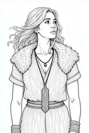 Portrait of powerful warrior viking woman, norse mythology coloring book for adults black and white grayscale coloring page for men and women teens, scandinavian Medieval Period 11の素材