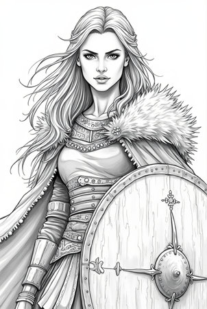 Portrait of powerful warrior viking woman, norse mythology coloring book for adults black and white grayscale coloring page for men and women teens, scandinavian Medieval Period 35の素材