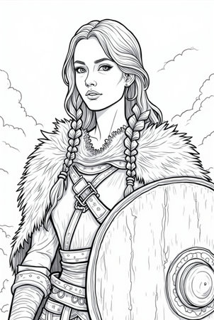 Portrait of powerful warrior viking woman, norse mythology coloring book for adults black and white grayscale coloring page for men and women teens, scandinavian Medieval Period 33の素材