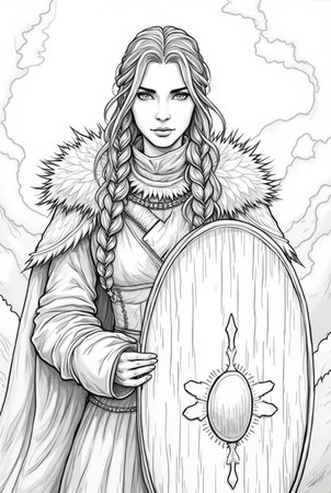 Portrait of powerful warrior viking woman, norse mythology coloring book for adults black and white grayscale coloring page for men and women teens, scandinavian Medieval Period 31の素材