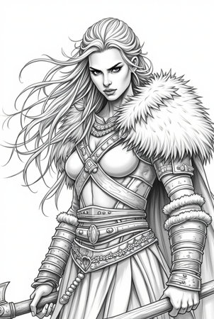 Portrait of powerful warrior viking woman, norse mythology coloring book for adults black and white grayscale coloring page for men and women teens, scandinavian Medieval Period 30の素材