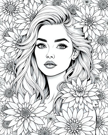 Portrait of an elegant beautiful woman surrounded by flowers, coloring page for adults, black and white flower girl coloring book for women, unique grayscale floral design 31の素材