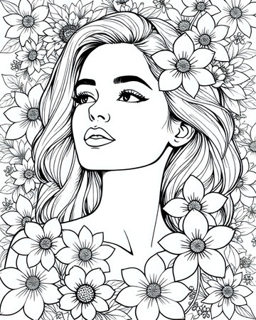 Portrait of an elegant beautiful woman surrounded by flowers, coloring page for adults, black and white flower girl coloring book for women, unique grayscale floral design 10の素材