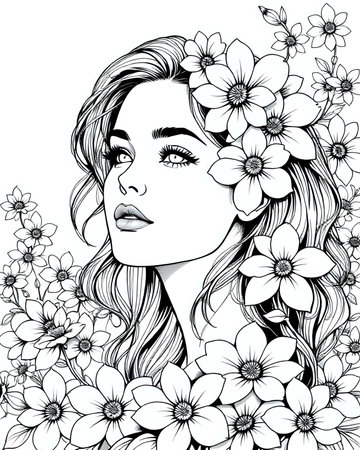 Portrait of an elegant beautiful woman surrounded by flowers, coloring page for adults, black and white flower girl coloring book for women, unique grayscale floral design 30の素材
