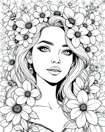 Portrait of an elegant beautiful woman surrounded by flowers, coloring page for adults, black and white flower girl coloring book for women, unique grayscale floral design 9の素材