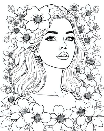 Portrait of an elegant beautiful woman surrounded by flowers, coloring page for adults, black and white flower girl coloring book for women, unique grayscale floral design 6の素材