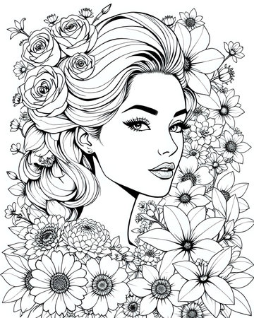 Portrait of an elegant beautiful woman surrounded by flowers, coloring page for adults, black and white flower girl coloring book for women, unique grayscale floral design 4の素材