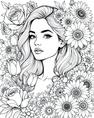 Portrait of an elegant beautiful woman surrounded by flowers, coloring page for adults, black and white flower girl coloring book for women, unique grayscale floral design 26の素材