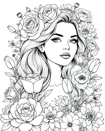 Portrait of an elegant beautiful woman surrounded by flowers, coloring page for adults, black and white flower girl coloring book for women, unique grayscale floral design 25の素材