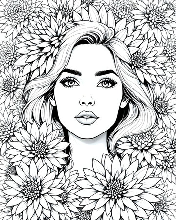 Portrait of an elegant beautiful woman surrounded by flowers, coloring page for adults, black and white flower girl coloring book for women, unique grayscale floral design 24の素材