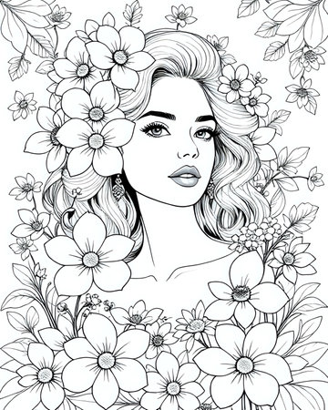 Portrait of an elegant beautiful woman surrounded by flowers, coloring page for adults, black and white flower girl coloring book for women, unique grayscale floral design 2の素材