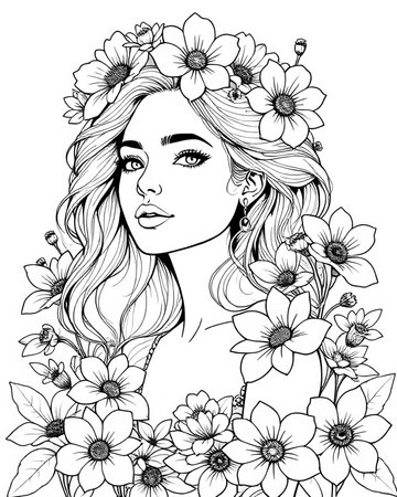 Portrait of an elegant beautiful woman surrounded by flowers, coloring page for adults, black and white flower girl coloring book for women, unique grayscale floral design 20の素材