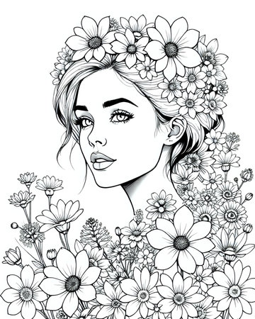 Portrait of an elegant beautiful woman surrounded by flowers, coloring page for adults, black and white flower girl coloring book for women, unique grayscale floral design 19の素材