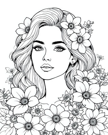 Portrait of an elegant beautiful woman surrounded by flowers, coloring page for adults, black and white flower girl coloring book for women, unique grayscale floral design 17の素材