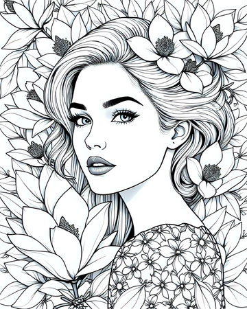 Portrait of an elegant beautiful woman surrounded by flowers, coloring page for adults, black and white flower girl coloring book for women, unique grayscale floral design 14の素材