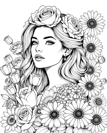 Portrait of an elegant beautiful woman surrounded by flowers, coloring page for adults, black and white flower girl coloring book for women, unique grayscale floral design 37の素材