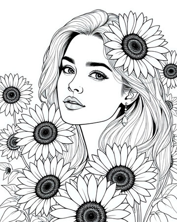 Portrait of an elegant beautiful woman surrounded by flowers, coloring page for adults, black and white flower girl coloring book for women, unique grayscale floral design 34の素材