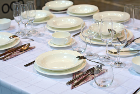 A shot of table settings in fine restaurant. Selective focus.の写真素材