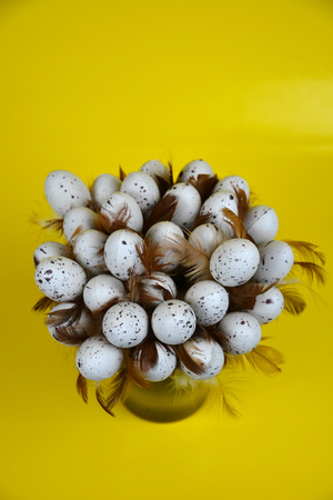 Easter eggs decorated with feathersの写真素材