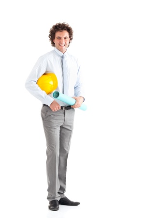 Studio shot of young handsome architect holding blueprints on white background  Looking at camera の写真素材