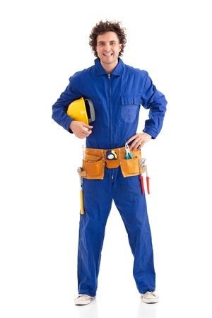 Young construction worker posing in studio on white background Looking at camera の写真素材