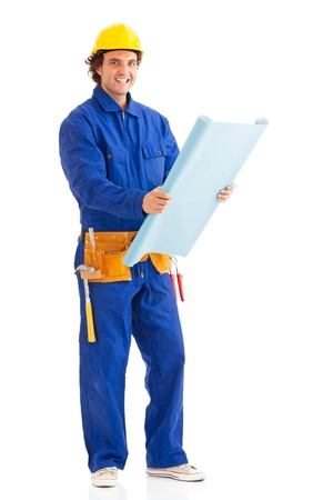 Young construction worker posing with a blueprint in hand  Isolated on white Looking at camera の写真素材