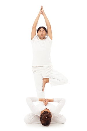 Two people doing yoga together, one of them standing in the Tree position, and the other being in the Reverse Prayer position.の写真素材