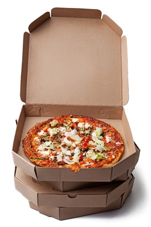 Delicious pizza ready for delivery.の写真素材