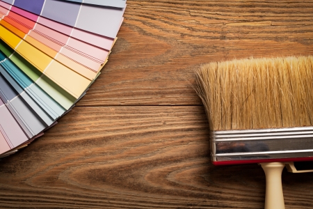 Paint colour palette and a brush in close-up.の写真素材